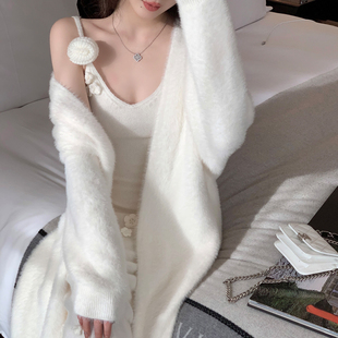 fairyjiang慵懒风软糯仿水貂毛，白色毛衣外套，女宽松长款针织开衫