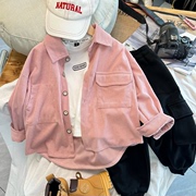 韩版春秋男女童长袖，灯芯绒衬衫粉色衬衣，休闲儿童帅气外套痞帅衬衣