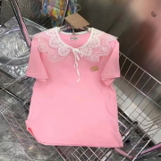 欧洲站2023夏季网纱娃娃领短袖粉色T恤女上衣韩版欧货潮牌T衫