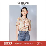 goodland美地女装夏季法式系，带领雪纺衫，优雅泡泡袖上衣