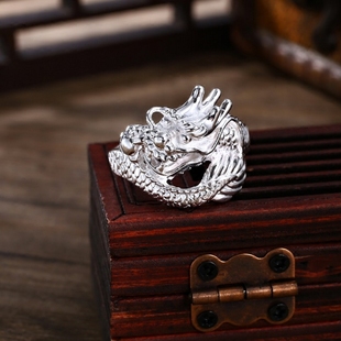 s990纯银戒指男式龙形，龙头戒指食指环个性男人霸气手工饰品
