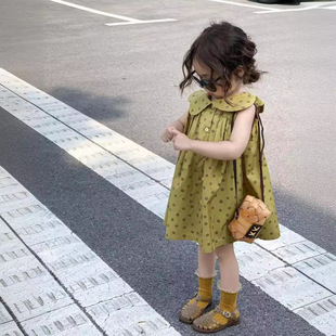 韩版女童夏装复古波点连衣裙，2024洋气儿童娃娃领背心裙子夏季