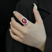 欧美复古宫廷仿鸽血红宝石，椭圆戒指套装，2024年潮气质锆石指环