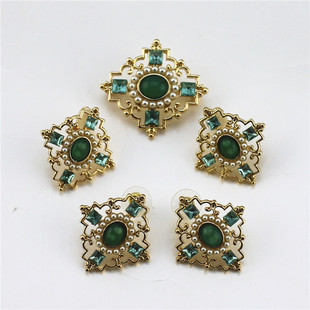 维多利亚绿宝石珍珠美复古胸针925银针耳钉耳夹项链套装