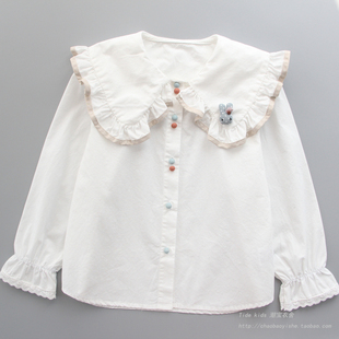 女童衬衫纯棉2024春装儿童洋气，娃娃领白色打底衬衣小女孩上衣