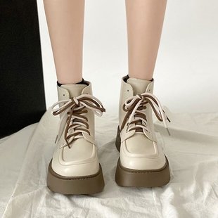 马丁靴女鞋2023年秋冬季英伦风女靴靴子，厚底白色加绒短靴
