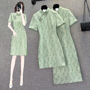 大码女装2023夏季韩版微胖妹妹气质改良旗袍，绿色雪纺连衣裙女