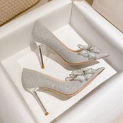 法式水晶鞋2023春秋银色，婚鞋水钻蝴蝶结，尖头高跟鞋女细跟单鞋