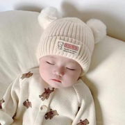 新秋冬儿童帽可爱超萌新生婴幼儿帽韩版同款宝宝毛线帽双球护耳帽