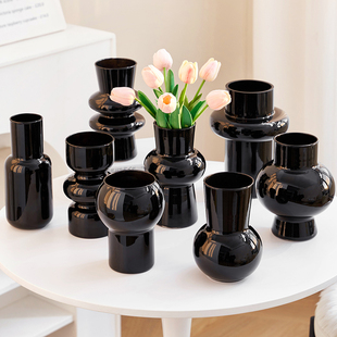 中古小众玻璃花瓶摆件客厅ins风黑色水养插花鲜花干花创意高级感