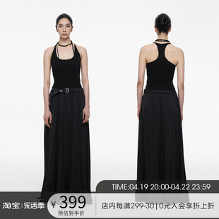 firstfloor黑色假两件垂感连衣裙背心腰带，连体收腰长裙