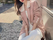 韩版粉色撞色拼接小西装外套女秋2023高级感宽松显瘦休闲西服