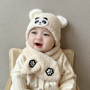 纯棉婴儿加厚毛绒帽秋冬季男女宝宝帽子围巾两件套装儿童保暖护耳