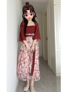 新中式国风改良汉服套装女秋汉元素红色抹胸连衣裙复古禅意两件套