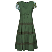 Desigual女裙显瘦深V领优雅高腰短袖A字型连衣裙绿色夏季2024