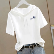 纯棉连帽白色t恤女短袖，2024夏季韩版减龄显瘦半袖宽松薄款潮