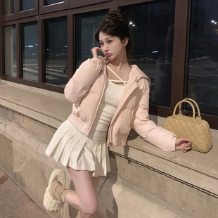 韩雨嘉粉色羽绒服外套女冬季高级感韩系针织大翻领白鸭绒短款上衣