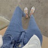 巨显瘦裤脚不锁边设计感蓝色，后面扣子设计感紧身牛仔裤韩国东大门