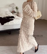 韩国时尚蛋糕多层木耳边套装，裙23秋长袖上衣+鱼尾长裙两件套