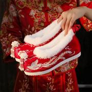 冬季加绒汉服鞋子女，高跟中式古风棉鞋搭配旗袍复古新娘绣花鞋
