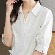极速英伦风气质白色中袖衬衫，女2024夏季设计感小众套头港味衬