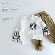 韩版儿童春装假两件t恤男女宝宝宽松长袖，上衣竹节纯棉打底衫