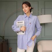 韩国大码女装胖mm秋装时尚竖条纹单口袋宽松长袖衬衫1004