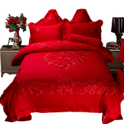 100支全棉刺绣婚庆四件套，大红色床上用品结婚套件喜被子六十件套