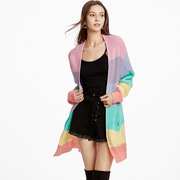 亚马逊外套针织毛衣，欧美2023大码长款彩虹，色女装开衫宽松