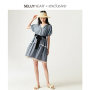 SELLYNEAR孕妇系带连衣裙夏季宽松时尚蓝色棉麻花边系带连衣裙子