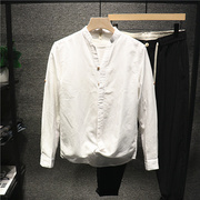Hi man日系文艺气质简约纯白色长袖衬衣男士潮流宽松百搭棉麻衬衫