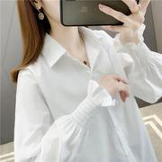 白色灯笼袖衬衫女宽松中长款韩版衬衣2022春秋，泡泡袖气质上衣