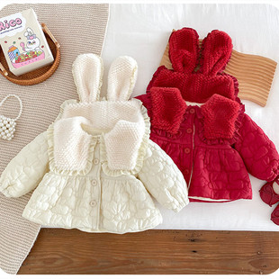 婴儿冬季外套加绒女宝宝，兔子可爱棉衣上衣，儿童外出棉袄0-3岁6个月
