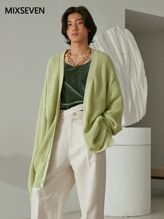 MIXSEVEN原创设计春秋苹果绿开衫V领针织衫中长款慵懒男女同款