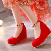 大码春秋季孕妇结婚鞋坡跟单鞋高跟内增高女鞋婚礼红色新娘鞋