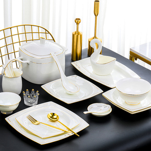 碗碟餐具套装景德镇陶瓷器，家用金边欧式简约骨瓷，吃饭碗筷盘子组合