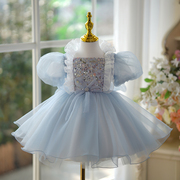 女童礼服公主裙蓝色蓬蓬裙生日，主持人走秀钢琴演出服洋气花童短裙