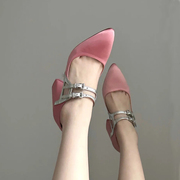 法式尖头高跟鞋仙女气质，粉色玛丽珍鞋，2023秋季小个子粗跟单鞋