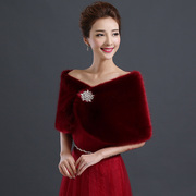 韩版酒红色婚纱礼服毛披肩(毛，披肩)冬季新娘，结婚外套伴娘加厚保暖外搭