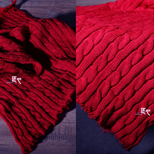 菱形粗棒大红色针织中厚款扭绳创意毛线衫帽子服装设计师布料