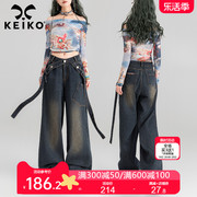 keiko飘带饰直筒牛仔裤女2024夏季复古辣妹高腰，宽松显瘦阔腿长裤