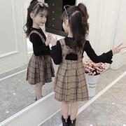 女童连衣裙春秋装2023儿童格子中大童装韩版长袖裙子两件套装