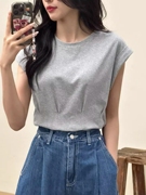 韩系灰色小飞袖t恤短袖女夏季设计感小众收腰气质显瘦体恤上衣女