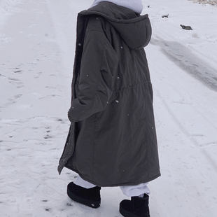 羊羔毛外套(毛外套，)女中长款2023年冬季宽松加厚连帽棉服黑色收腰棉衣