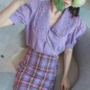 夏季女装法式甜美娃娃领紫色，衬衣泡泡短袖，设计感小众雪纺上衣小衫
