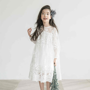 韩版童装春秋夏季款短袖女童蕾丝，连衣裙长袖中大童裙子白色公主裙