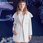 vjcolivia2023秋冬米白大衣羊毛，双面呢可拆卸披肩外套女装