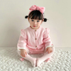 春秋冬装婴幼儿童女宝宝，甜美粉色长袖针织，外套+粉色荷叶摆裙裤