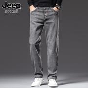 Jeep吉普牛仔裤男直筒宽松春季青年弹力烟灰色长裤潮流男裤子