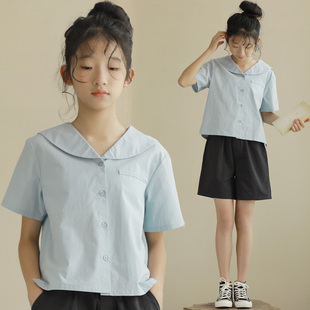 夏季女童衬衫童装纯棉蓝色，短款淑女文艺短袖，衬衣中大儿童上衣